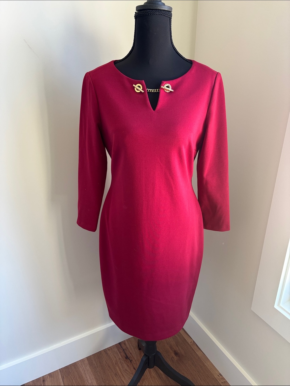 Ivanka Trump 3/4 Sleeve Sheath Dress with Gold Chain Detail